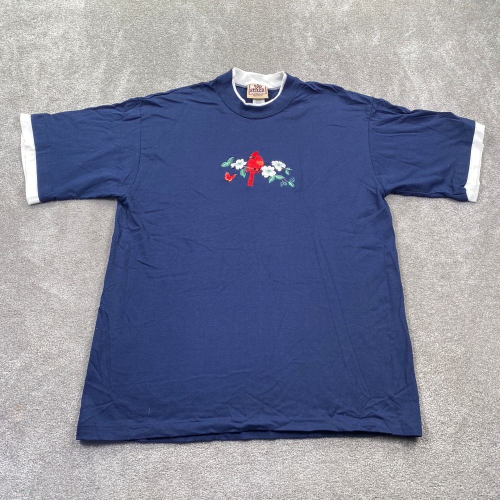 Top‎ Stitch By Morning Sun Cardinal Flower Mock Neck T-Shirt 2X Navy Blue